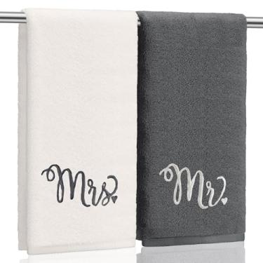 Imagem de Tingjoo 2 peças de toalhas de mão Mr. and Mrs. 100% algodão bordado toalha de banheiro presente para o dia dos namorados casal casamento noivado aniversário decoração de banheiro 73 x 33 centímetros