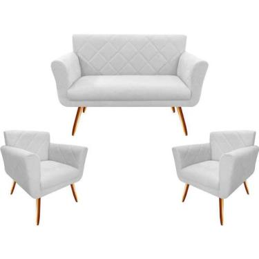 Imagem de Kit Namoradeira + 2 Poltronas Decorativa Sabrina Couro Branco Pés Made