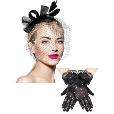Imagem de Geyoga Chapéu Fascinator dos anos 50 para mulheres, chapéu de véu de funeral, caixa de comprimidos, coquetel, chá e luva de renda, Strass preto, tamanho �nico