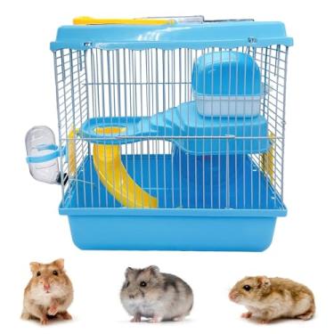 Imagem de Acsist Gaiola portátil para hamster de 2 camadas, habitat de hamster anão, gaiola de viagem para animais pequenos com roda de exercício de corrida, gaiolas de rato para ratos gerbos ou outros animais