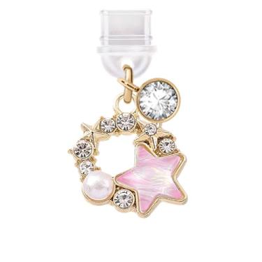 Imagem de ELISE & FONDA TP614 Porta de carregamento tipo C plugue antipoeira pequena guirlanda de cristal com estrelas pingente de celular para iPhone 15/16/Samsung/OnePlus/Xiaomi/oppo telefones Android (rosa)