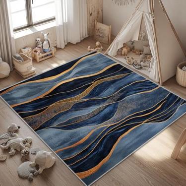 Imagem de Tapete abstrato lavável 10 x 15 cm para sala de estar, quarto, moderno, azul marinho e dourado, tapete grande antiderrapante para escritório, entrada, banheiro