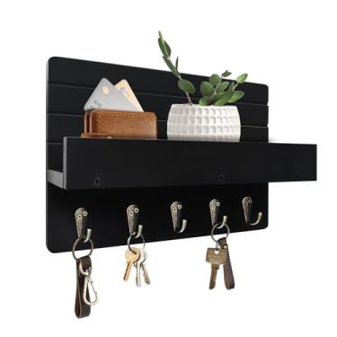 Imagem de KISENG Porta-chaves para parede, organizador de correio, decoração de casa, montado na parede com prateleira e 5 ganchos para pendurar coleira de cachorro, óculos de sol, chapéus, porta-chaves rústico