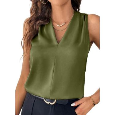 Imagem de Blusa EVALESS sem mangas com decote em V plissada feminina verde samam