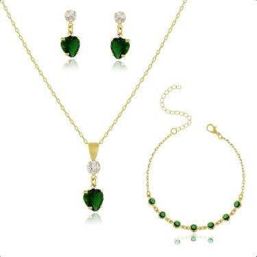 Imagem de Kit Semijoia Banhado Ouro 18k - Pulseira, Corrente, Pingente e Brincos Coração Verde Esmeralda
