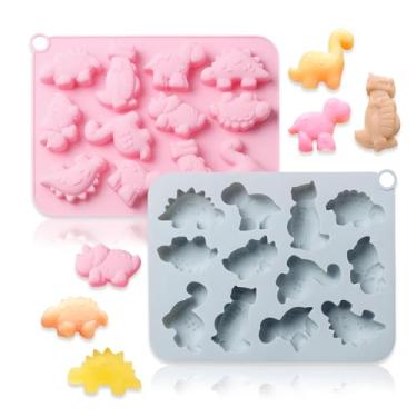 Imagem de 2 peças de moldes de silicone de dinossauro fofo desenho infantil 3D dino chocolate goma molde molde 12 cavidades doces fondant molde ferramentas de decoração de bolos DIY sabão artesanal para