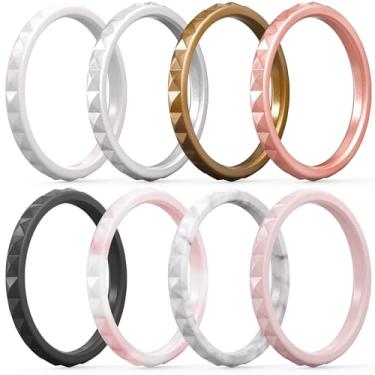 Imagem de ThunderFit Anéis de Silicone Finos e Empilháveis para Mulheres (sem metal/pedra) – Alianças de Casamento de Borracha Padrão Diamante – 2,5mm largura, 2mm espessura – Pacote Variado