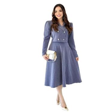 Imagem de Conjunto Feminino Alfaiataria Risca de Giz Blazer Com Botões + Saia Mi