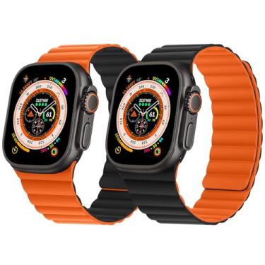 Imagem de HITZEE Pulseira de silicone magnética reversível dupla face compatível com Apple Watch Series 10, 9, 8, 7, SE 6-1 (42/41/40/38, preto/laranja)