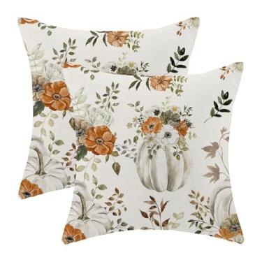 Imagem de Capas de almofada de outono 50 x 50 cm, almofadas decorativas de folhas florais de abóbora cinza aquarela para sofá de casa, colheita de outono e Ação de Graças, fronha decorativa de linho, conjunto