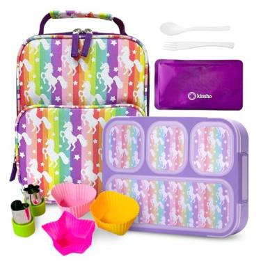 Imagem de Lancheira Bento com bolsa isolada, bolsa de gelo e acessórios Bento para meninas. Recipientes de lanche com 4 divisórias de compartimento para crianças pré-escolares, conjunto sem BPA, utensílios