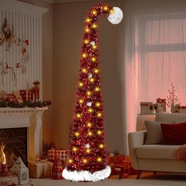 Imagem de Árvore de Natal pop-up de 1,8 m com 50 luzes, lápis artificial dobrável, árvore de Natal com topo de árvore, árvore de Natal pré-iluminada com tinsel para decorações de Natal internas e externas