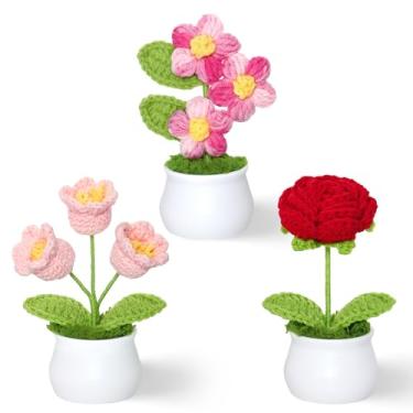 Imagem de Weldomcor Flores de crochê, vasos de plantas fofas de malha falsa rosa lírio do vale, mini flores para mesa, escritório, carro, painel, janela, decoração de casa, presente para professores, formatura