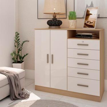 Imagem de Cômoda Genialflex Guatemala com 2 Portas, 5 Gavetas, 2 Prateleiras, 1 Nicho e 112cm de largura - Freijó/White Laca