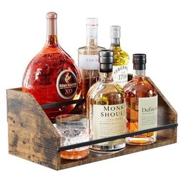 Imagem de Nuovoware Prateleira de exibição de garrafa de licor, organizador de xarope de café, rack de vinho de 2 degraus, suporte de prateleira retrô para minibar, armário, itens essenciais de bar para uísque