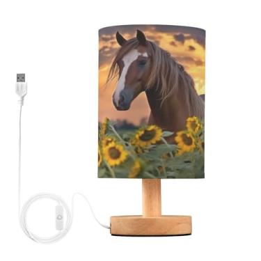Imagem de Qilmy Lâmpada de toque de cabeceira de girassóis e cavalos, luminária de mesa pequena para quarto com portas de carregamento USB, lâmpadas de mesa de cabeceira para sala de estar, escritório, mesa de
