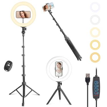 Imagem de UEGOGO Anel de luz de 25 cm com suporte de tripé de 182 cm, luz de LED regulável para transmissão ao vivo, fotografia, maquiagem, gravação de vídeo