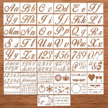 Imagem de 50 estênceis reutilizáveis de caligrafia do alfabeto, estênceis de letras para pintura em parede de madeira com números sinais de flores, estêncil para artesanato, modelo de desenho reutilizável para