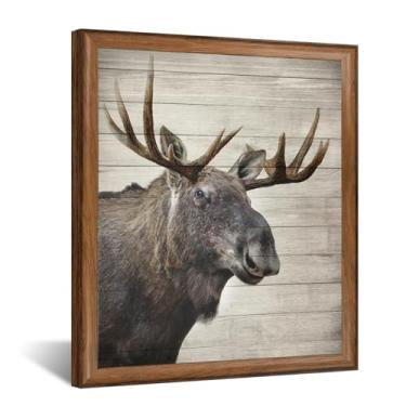 Imagem de iKNOW FOTO Arte de parede de alce rústico 50 x 61 cm impressão em tela de cabeça de animal da floresta com fundo de prancha de madeira decoração de cabana de campo para sala de estar quarto lareira
