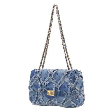 Imagem de Milisente Bolsa de ombro feminina pequena bolsa jeans acolchoada com corrente e bolsas de mão ou transversal para festa formal à noite, Jeans azul, Small