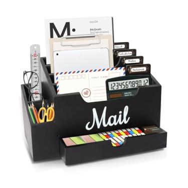 Imagem de Niciksty Organizador de correio de madeira, bancada organizadora de correio com 6 compartimentos e gaveta, acessórios de escritório de madeira para pasta de papel de carta de arquivo, preto
