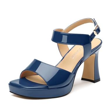 Imagem de DEMOSHINE Sandálias femininas plataforma de 8 cm salto grosso largura largura confortável tira no tornozelo bico quadrado sapatos elegantes para festa de casamento formatura, Azul marinho, 40