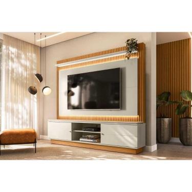 Imagem de Rack Bancada c/ Painel p/ TV até 75 Pol Guararapes Ripado 2 Portas 2 Prateleiras Pés e Leds 215x196cm Nature/Off White - Linea Brasil