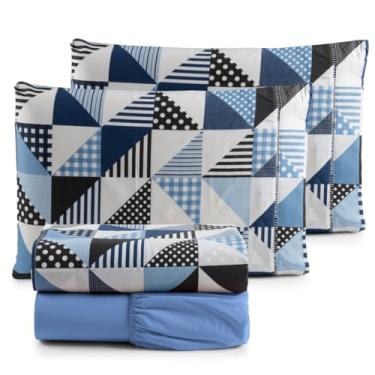 Imagem de LençOl Casal Com Elastico Conjunto De Roupa De Cama,Jogo De LençOl 100% AlgodãO Ponto Palito Estampado 1.98 * 1.58cm (GEOMETRICO AZUL)