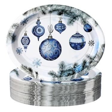 Imagem de Tioncy Conjunto de pratos de papel ovais de Natal com 100 unidades de pratos descartáveis vintage azul bola de Natal ramo de pinheiro pratos de papel para festas de inverno, Natal, utensílios de
