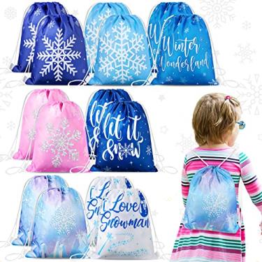 Imagem de CHENGU Sacos de lembrancinhas de festa Frozen para o inverno, floco de neve, cordão, presente do país das maravilhas de inverno, saco de doces para meninos e meninas, para chá de bebê, floco de neve