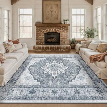 Imagem de RELEANY Tapetes quadrados de 2,4 m, lavável, antiderrapante, floral, vintage, estampado, medalhão, tapete para sala de estar, quarto, sala de jantar, cinza claro, branco