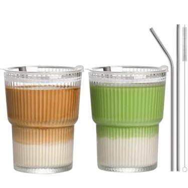 Imagem de AUFXKOO Copos de vidro de 370 ml com tampas e canudos, 2 peças de copos de café gelado, vidro canelado transparente, copo reutilizável para Matcha, chá gelado, suco