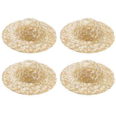 Imagem de AHANDMAKER Mini chapéus de palha – 4 peças de chapéus sombrero de 9 cm para boneca, enfeites de gorro de tricô à mão, mini bonés de tricô naturais pequenos para casa de bonecas, acessórios de