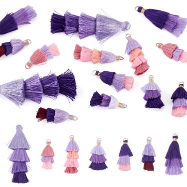 Imagem de Beadthoven 14 peças de chaveiro rosa roxo borlas 7 estilos multi-camadas macio pompom algodão artesanato borlas pingentes com anel de salto dourado para fazer joias, brincos, marcadores de livro