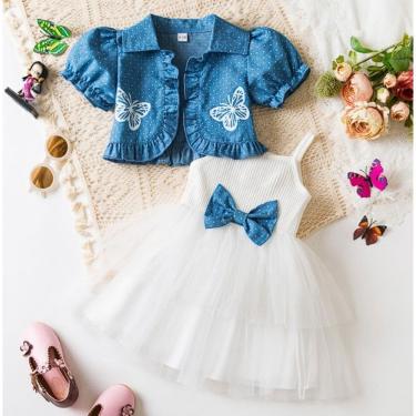 Imagem de Conjunto Infantil Vestido Branco Casaquinho Jeans Borboletas