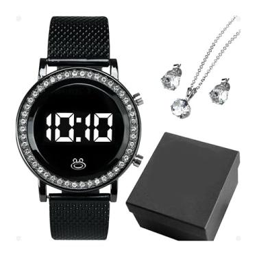 Imagem de Kit Relógio Feminino Digital Preto Pulseira Silicone Ajustável + Colar e Brincos Strass Luxo