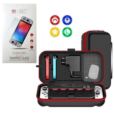 Imagem de Kit Compatível Com Nintendo Switch OLED com Case de Transporte Com Espaço Para Carregador Plug Brasileiro, Película de Vidro Temperado, 4 Grips para Analógicos
