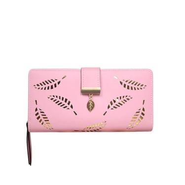 Imagem de Carteira feminina com bloqueio fino para cartão com bolso com zíper, rosa, Minimalista