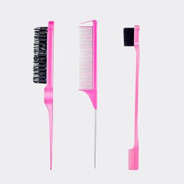 Imagem de Generic Conjunto de pente de cabelo: conjunto de 3 peças - escova de borda de plástico rosa, escova de cerdas, pente de cauda de rato - ferramentas de estilo de cabelo feminino