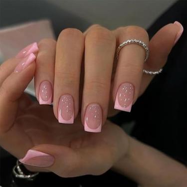 Imagem de Conjunto de unhas postiças curtas médias quadradas francesas rosa falsas com design francês simples cobertura completa cola em bastão falso artificial em unha acrílica para mulheres, 24 peças