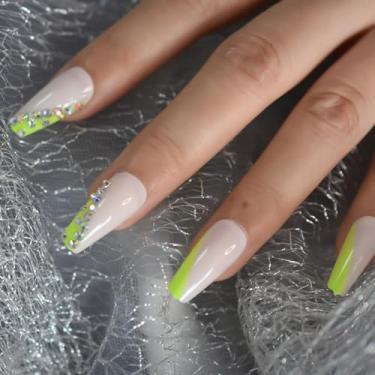 Imagem de Nails Press On Shine Crystals Design Caixão Longo Conjunto de Unhas Falsas com Strass Decorar Arte de Unhas Francesas Verdes