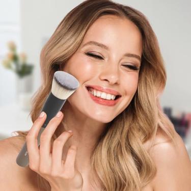 Imagem de 1 pincel de base Kabuki de topo plano para creme líquido e pó de polimento de maquiagem e pincel facial, preto