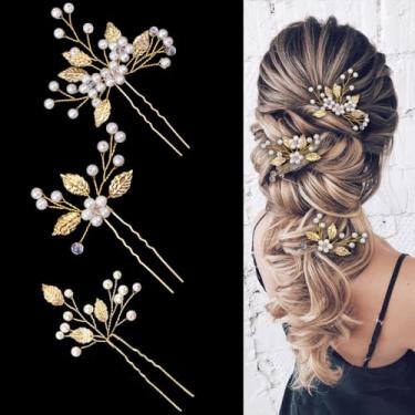 Imagem de 3 peças de alfinetes de cabelo de noiva de folha de ouro, joia de cabelo de casamento com strass de pérola, acessórios de cabelo de casamento para noivas, damas de honra, meninas