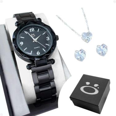 Imagem de Relogio Feminino Aço Preto + Caixa + Brincos Delicado Social