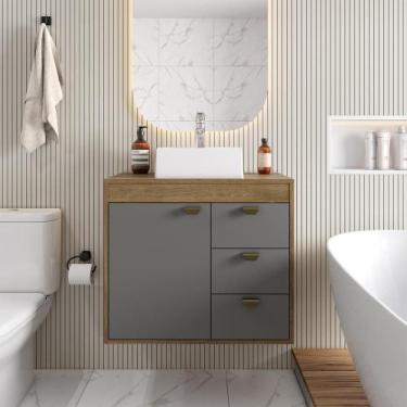 Imagem de Balcão para Banheiro Cuba 1 Porta 3 Gavetas Bertolini, Grafite/Carvalh