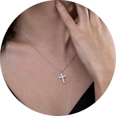 Imagem de Colar de cruz delicada para mulheres, pingente de zircônia cúbica de aço inoxidável banhado a ouro ou prata, joia minimalista em camadas para presente, 16 Inches, Aço inoxidável, Sem Pedra Preciosa