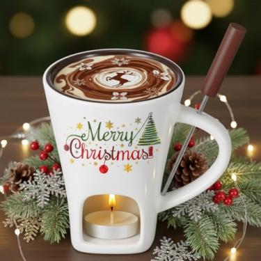 Imagem de Honeydak Caneca de fondue de chocolate de Natal com garfo e vela copo de derretimento de chocolate pessoal de cerâmica doce presentes de natal ideais presentes de aniversário data de aniversário noite