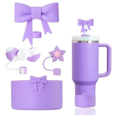 Imagem de Conjunto de acessórios para copos Stanley incluindo 3 peças de tampas de palha de silicone para canudos Stanley Cups de 10 mm, 1 bota de laço de silicone para Stanley Cup 1,134 g e copo de 850 g (roxo