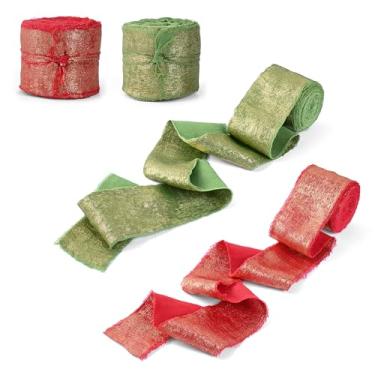 Imagem de Rilisili 2 rolos vermelho e verde floresta borda desgastada fita de seda brilhante 3,8 cm x 10 jardas fita de seda metálica chiffon para embrulho de presente casamento buquê de flores artesanato