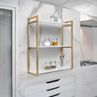 Imagem de Prateleiras suspensas, estilo industrial, prateleiras de ferro forjado e MDF, porta-retratos, decoração para sala de estar/cozinha, armazenamento de brinquedos. (BRANCO COM DOURADO)